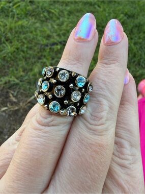Crystal Studded Black Band Ring with Aqua Accents